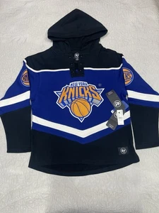 47 Brand New York Knicks Lace-Up Hoodie Size Small Blue Black NBA Pullover - Picture 1 of 14