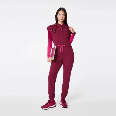 Figs Rafaela Cargo ScrubJumpsuit in Deep Cranberry, Size Medium - Image 1 of 4