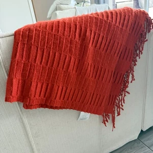 West Elm Blanket Throw in BRICK Soft Stretch Knit w/Fringe 40x50" 100% Acrylic - Picture 1 of 8