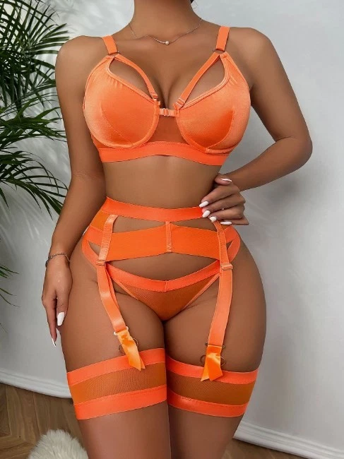 Sexy Mujeres Lencería Malla Transparente Sujetador Conjunto Vendaje Ropa Interior con Liguero Banda para Piernas Foto 1 de 4