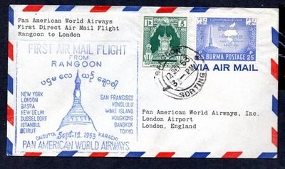 Burma - 1953 Pan American First Flight Airmail Cover Rangoon to London — 第 1/2 张图片