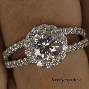 Anillo de halo de boda de vástago dividido de diamantes creado en laboratorio redondo de 2,91 quilates de oro blanco de 14 quilates bien estado - Imagen 1 de 7