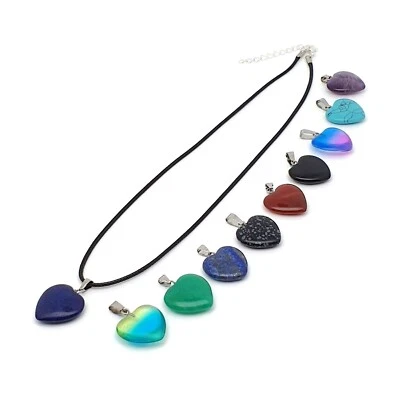 Necklace Crystal Heart Pendant Faux Leather Cord Gemstone Boho Love Gift Chakra - Image 1 of 4