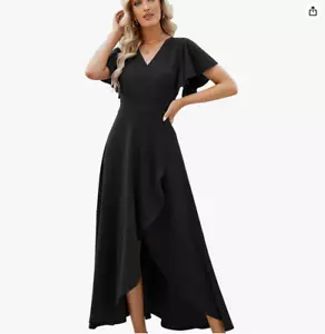 ZZV Split Elegant V Neck Wrap Ruffle Wedding Guest Dresses (Navy, L) - Picture 1 of 4