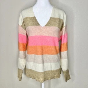 Loft Ivory Beige Pink Striped Relaxed V-Neck Raglan Sleeve Knit Sweater Sz M - Picture 1 of 9