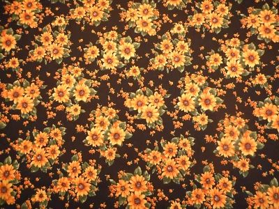Autumn Fabric 1 7/8 Yard Gold Floral Green Leaves on Black Fall Cotton Vtg - Image 1 of 2
