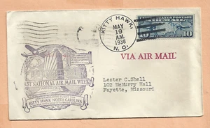 C7 FIRST FLIGHT KITTY HAWK N.C TO DAYTON MAY 19,1938 NATIONAL AIR MAIL WEEK - Picture 1 of 1
