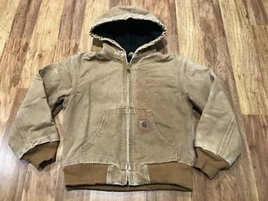 BOYS M (8) - Vtg Carhartt YYJ130 Sandstone Flannel Quilted Hooded Jacket Mexico - Picture 1 of 17