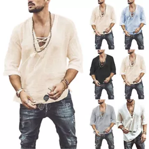 Mens Lace-Up V-Neck Henley Shirt Half Sleeve Tee Summer Casual Hippie Top Blouse - Picture 1 of 16