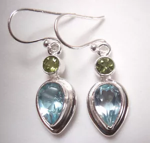 Faceted Peridot and Blue Topaz Teardrop Double Gem 925 Sterling Silver Earrings - Picture 1 of 3