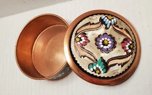 Vintage Copper Round Box with Lid Floral multi color geometric deco painted - Picture 1 of 6