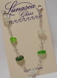 LUNASEA TREASURES SEA GLASS DRILLED GREENS & WHITE STERLING SILVER BRACELET 8" - Picture 1 of 3