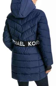 Michael Kors Navy 3/4 Puffer Coat MK Logo Cintura Donna Taglia Media (8-10) Nuovo con etichette - Foto 1 di 5