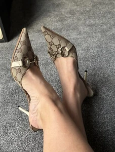 VINTAGE GUCCI Beige Monogram Pointed Mules Shoes Heels UK 4 / 37 - Picture 1 of 24