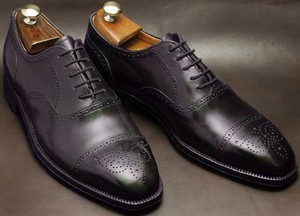 Customize Dark Brown Genuine Leather Handmade Oxford Brogue Cap Toe Formal Shoes