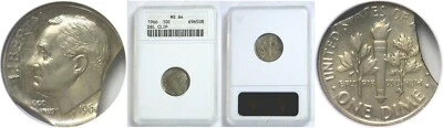 1966 10C Roosevelt Dime Double Clip Mint Error ANACS MS 64 - Image 1 of 3