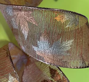 Autumn Leaves Sheer Burnt Orange Green Wired Edge 2.5" X 10 Yards Holiday Ribbon - Picture 1 of 5