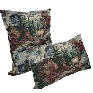 Tapestry Throw Pillows ( 2 ) Rustic Log Cabin Decor - Deer Buck Lodge Mountain - Picture 1 of 13