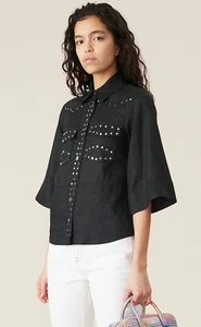 GANNI Shirt Black Phantom Silver Stud 100% Linen Size 34 /AU 6-8/US 2 - Picture 1 of 13