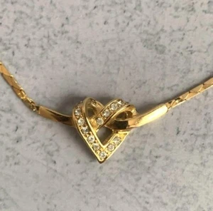 Christian Dior Rhinestone Heart Charm Necklace Gold Plated Length 14"- 17.4" - Picture 1 of 24