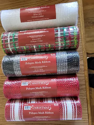 Christmas Polypro Mesh 10" Ribbon Red Green White Black Holiday Stripe Solid NEW - Image 1 of 4
