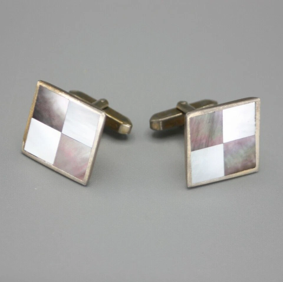 Gemelos de palanca a cuadros madreperla abulón plateado vintage gran regalo Foto 1 de 4