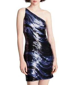 HALSTON Gabriella Embellished One Shoulder Bodycon Dress Women's 16 Blue/Black - Picture 1 of 15