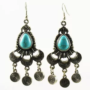US Seller TURQUOISE EARRING fashion vintage BLUE SILVER Dangle Shell Chandelier - Picture 1 of 2