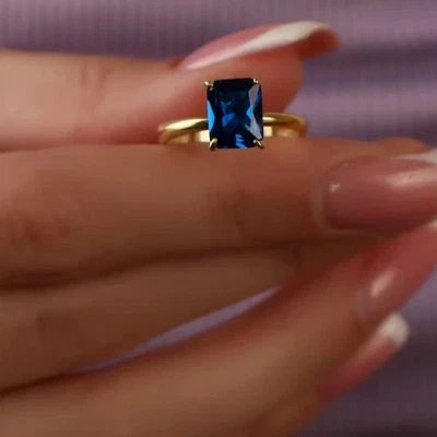 2Ct Emerald Cut Lab-Created Blue Sapphire Solitaire Ring 14K Yellow Gold Plated - Image 1 of 4