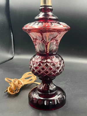 VTG Bohemian Glass Table Lamp Ruby Red Crystal Cut To Clear 20" w/ Finial Czech - Image 1 of 4