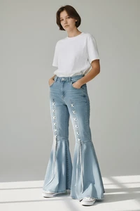 Ashley Stewart Women's Light Blue Lace Up Flare Wide Leg Denim Jeans Size 16 - Picture 1 of 9