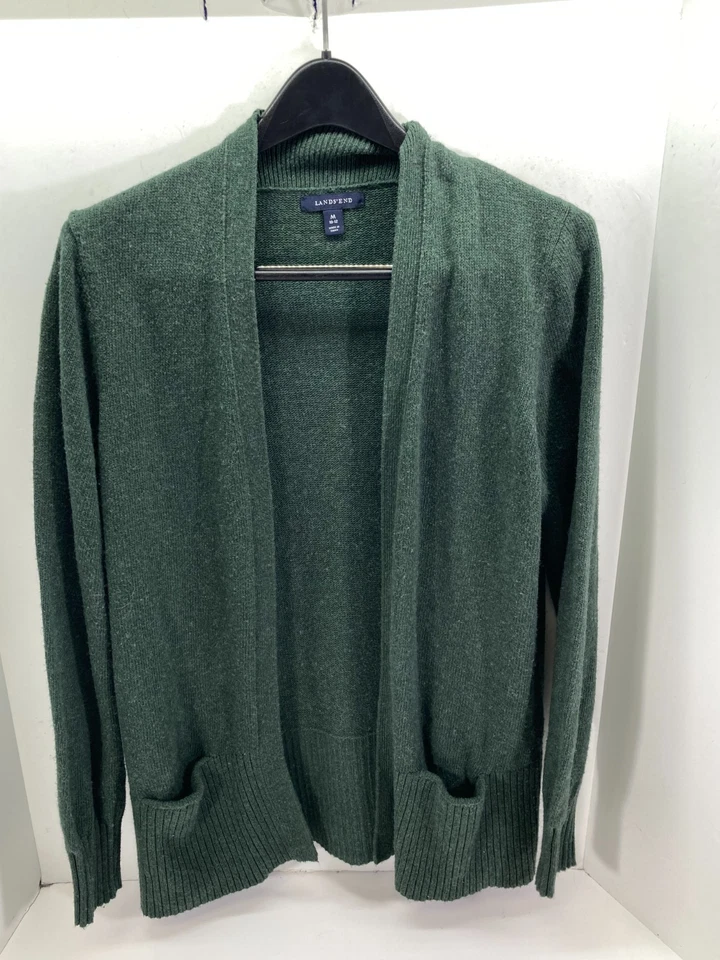 Lands' End Open Front Sweater Womens Medium Green Wool Cashmere Blend Classic - Image 1 of 4