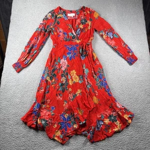 Anthropologie Dress Womens 6 Red Floral Midi Faux Wrap Cottagecore Peasant Boho - Imagen 1 de 15