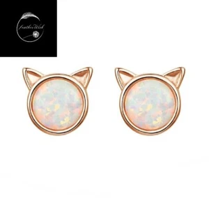 Cat Opal Stud Earrings Genuine Sterling Silver 925 With Rose Gold Plating Girls - Picture 1 of 5
