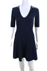 Club Monaco Womens Knit Metallic Short Sleeve V Neck Flare Dress Blue Size Small