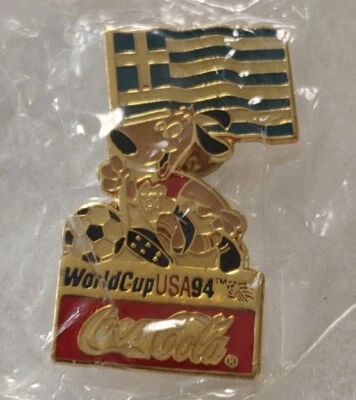 Vtg World Cup 1994 Coca Cola Greece Flag Striker the Dog Soccer Hat / Lapel Pin - Image 1 of 4