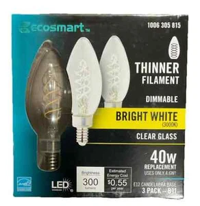 EcoSmart 40-Watt LED Bright White Dimmable E12 Candelabra Clear Glass (3-Pack) - Picture 1 of 2