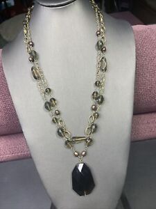 Smoky Topaz Freshwater Pearl Faceted Beaded Pendant Necklace 2 Strand 26”
