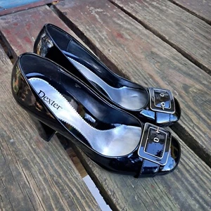 DEXTER Black Patent Vinyl Buckle Chunky Block Heels Size 7 Mall Goth Witch Y2k - Picture 1 of 7