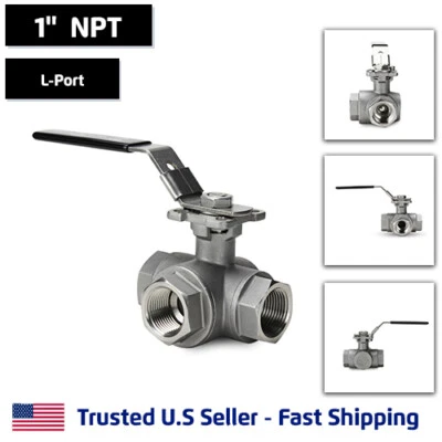 1" 3-Way L-Port Ball Valve, Stainless Steel, NPT Threaded, 1000PSI - Image 1 of 4