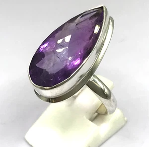 amethyst pear ring solid Sterling silver size N 1/2 large natural chequerboard. - Picture 1 of 12