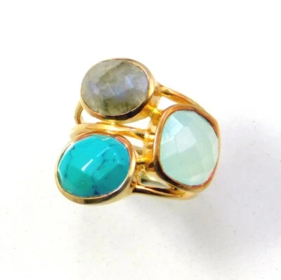 Solid 925 Sterling Silver Jewelry Gold Plated Turquoise Handmade Ring For Women - Image 1 of 3