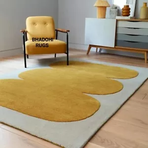 Embossed Abstract  Yellow Pattern Handmade Tufted 100% Natural Wool Area Rugs. - Picture 1 of 3