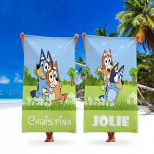 Personalized Bluey Beach Towel With Name, Bluey Cartoon Towel Gift For Kids - Picture 1 of 6