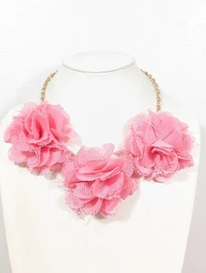 Pink Fabric Rose Floewr Statement Necklace Boho Coastal Chic 22 inch - Picture 1 of 9