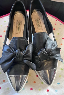 Miu Miu Metal Cap Toe Tie Bow Black Leather Slip On Sneaker Platform Size 38 - Image 1 of 4
