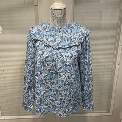 Blusa J.CREW Liberty Telas Azul Floral Elíseo Estampado Día Volantes Calados Talla M Foto 1 de 4