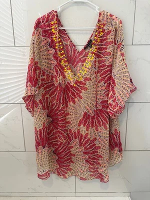 Victoria’s Secret Túnica Cuentas Transparentes Cubrimiento Grande Rojo Rosa Floral Caftán Cuentas Foto 1 de 3