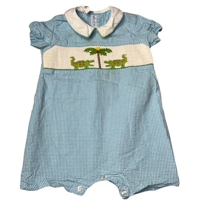 Vive La Fete Smocked Gingham Romper Baby Boys Blue Alligator Short Sleeve Sz 18M - Image 1 of 4
