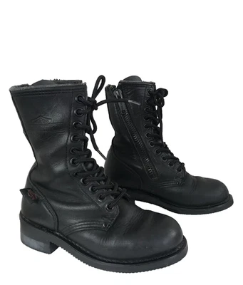 Botas de combate Harley Davidson de cuero negro vintage con cordones cremallera 5 resistentes al aceite Foto 1 de 4
